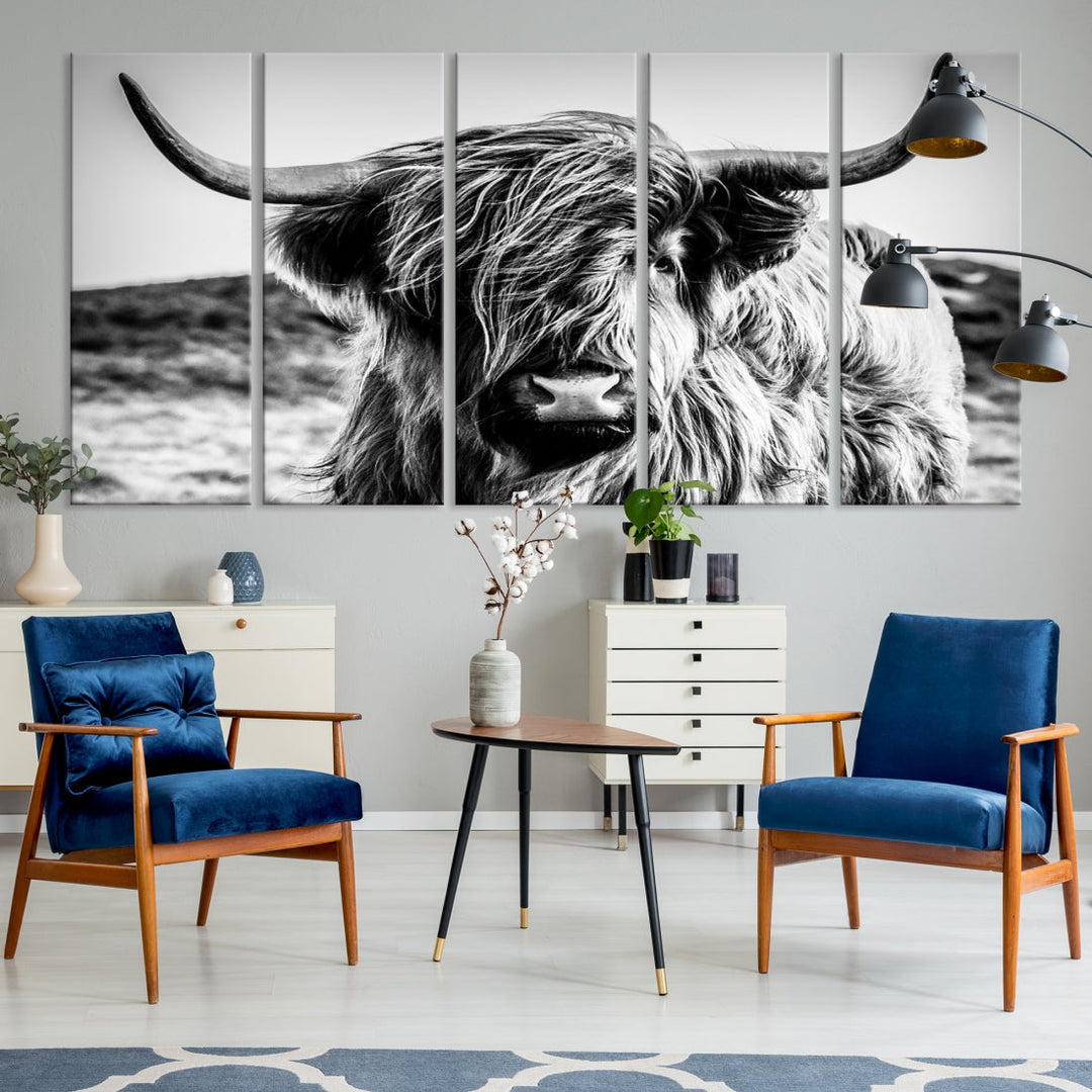 Black and White Scottish Cow Canvas Wall Art Highland Cattle Canvas Print