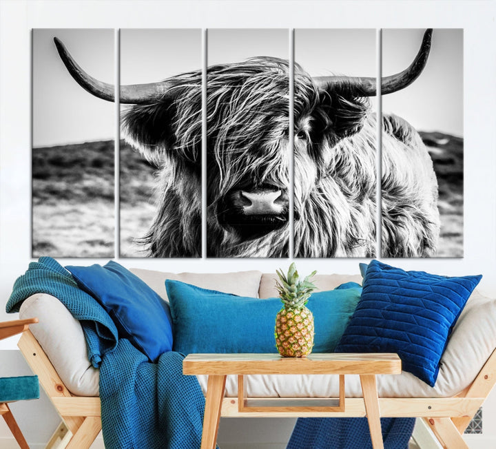 Black and White Scottish Cow Canvas Wall Art Highland Cattle Canvas Print