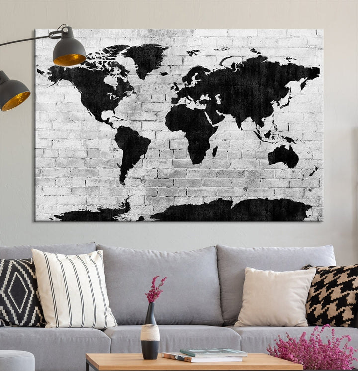 Black and White Shadowy World Map Large Wall Art Canvas