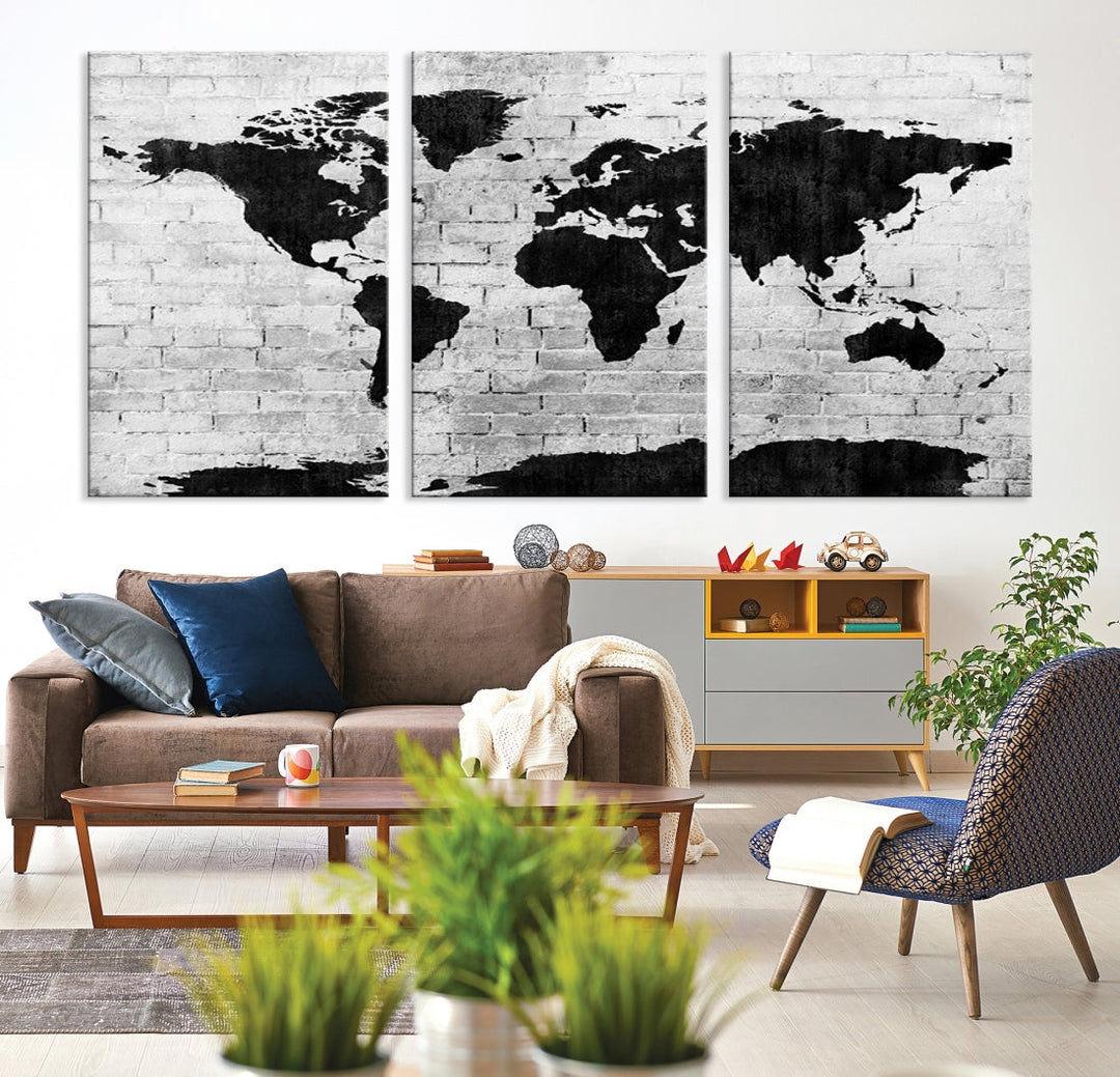 Black and White Shadowy World Map Large Wall Art Canvas