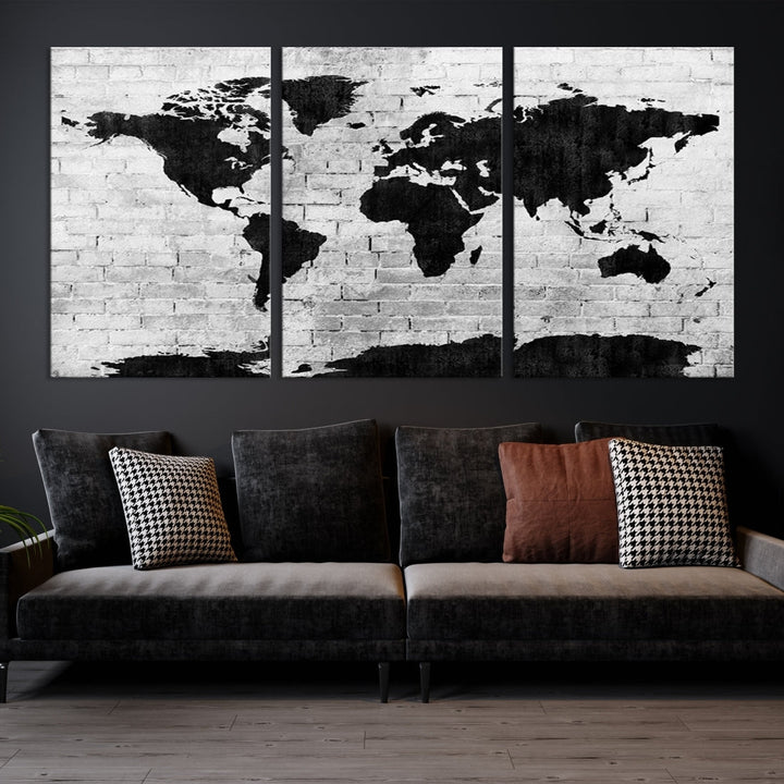 Black and White Shadowy World Map Large Wall Art Canvas