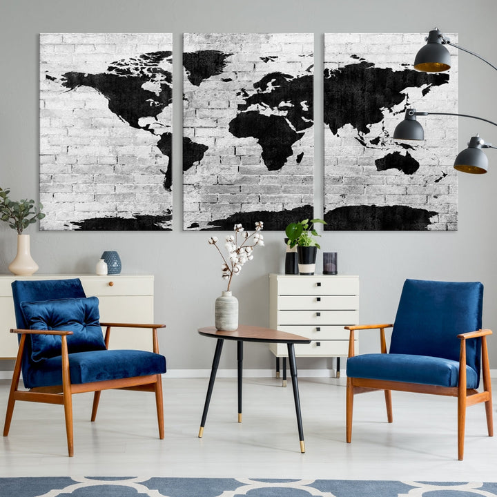 Black and White Shadowy World Map Large Wall Art Canvas