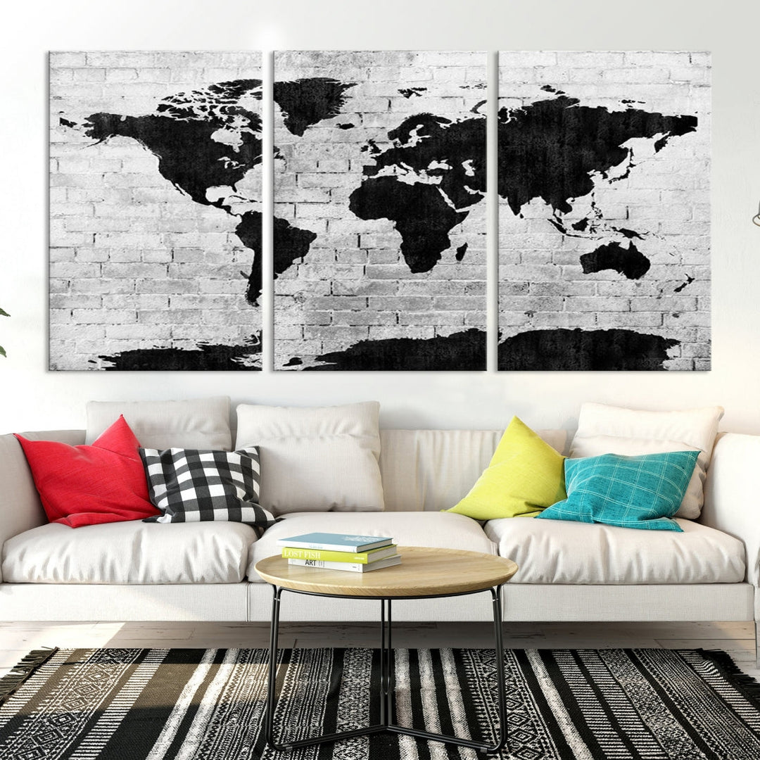 Black and White Shadowy World Map Large Wall Art Canvas