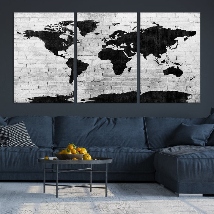 Black and White Shadowy World Map Large Wall Art Canvas