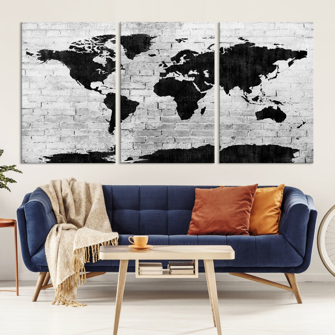 Black and White Shadowy World Map Large Wall Art Canvas