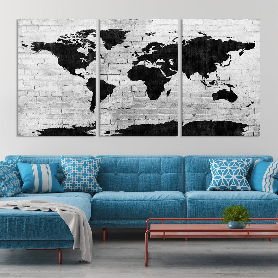 Black and White Shadowy World Map Large Wall Art Canvas