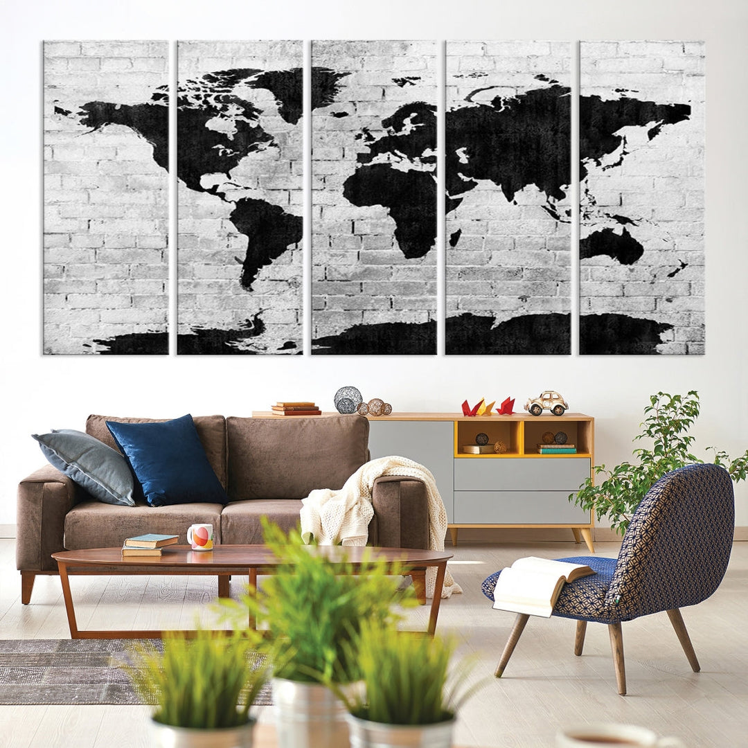 Black and White Shadowy World Map Large Wall Art Canvas