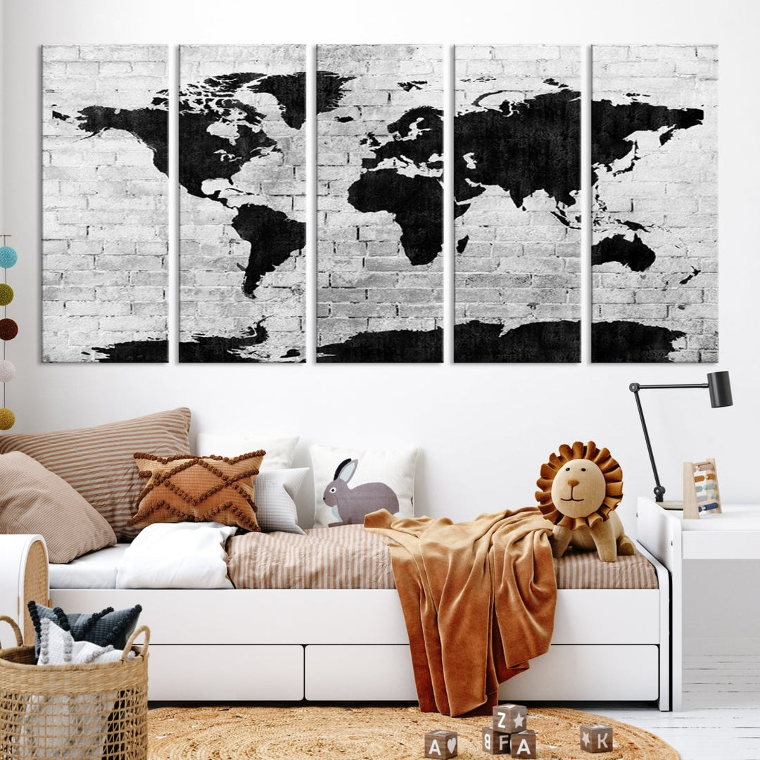 Black and White Shadowy World Map Large Wall Art Canvas