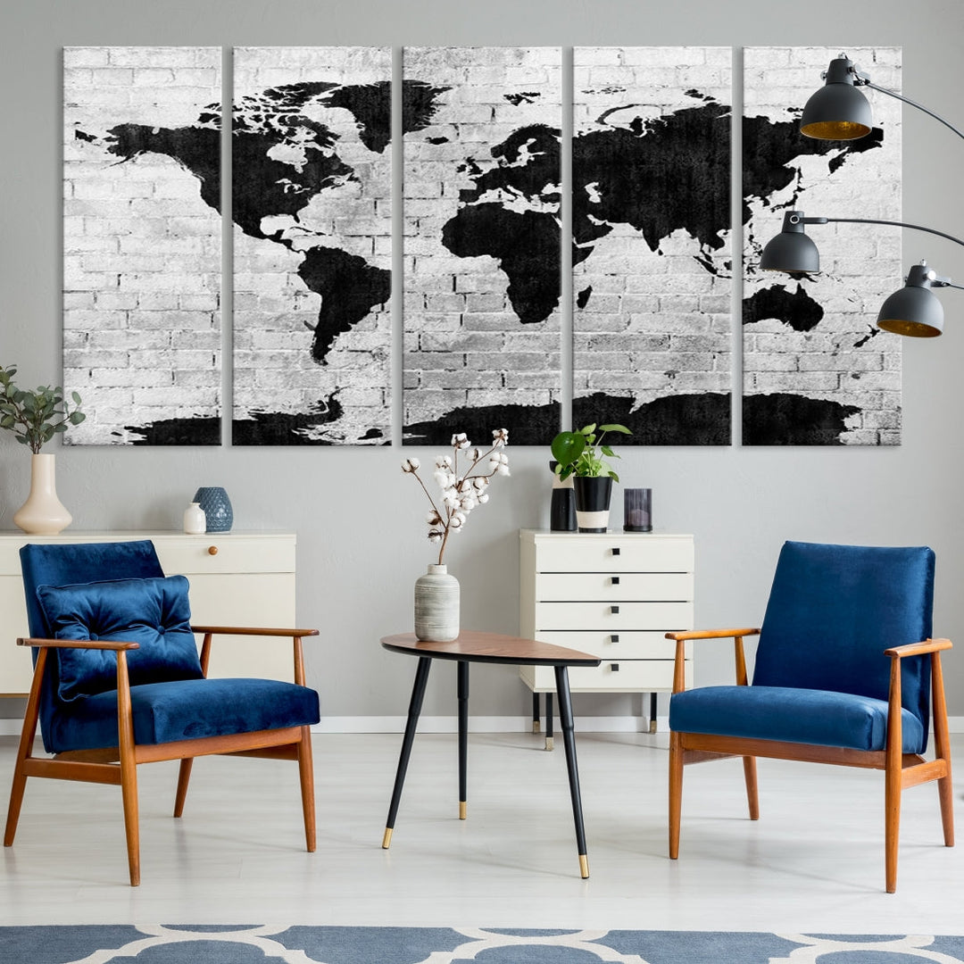 Black and White Shadowy World Map Large Wall Art Canvas