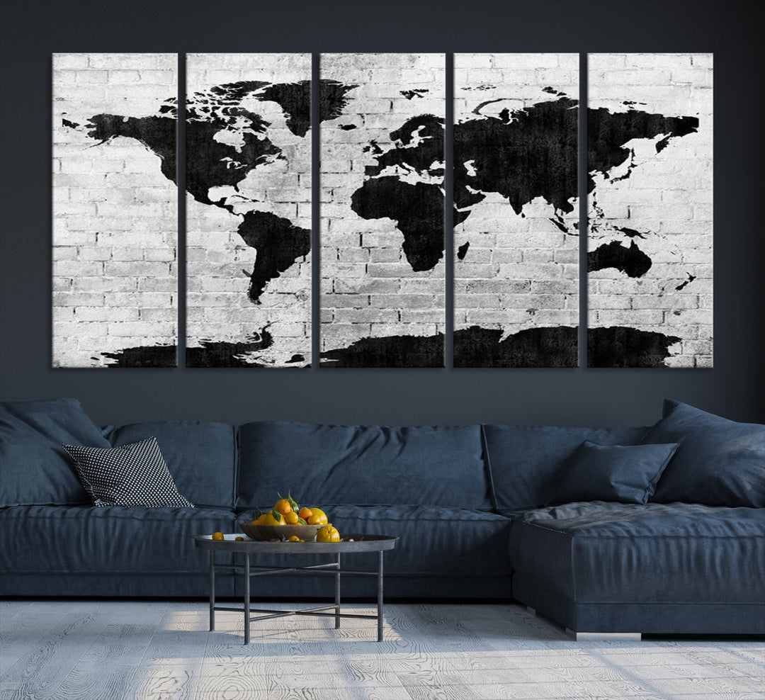 Black and White Shadowy World Map Large Wall Art Canvas