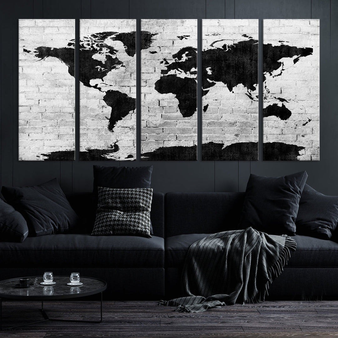 Black and White Shadowy World Map Large Wall Art Canvas