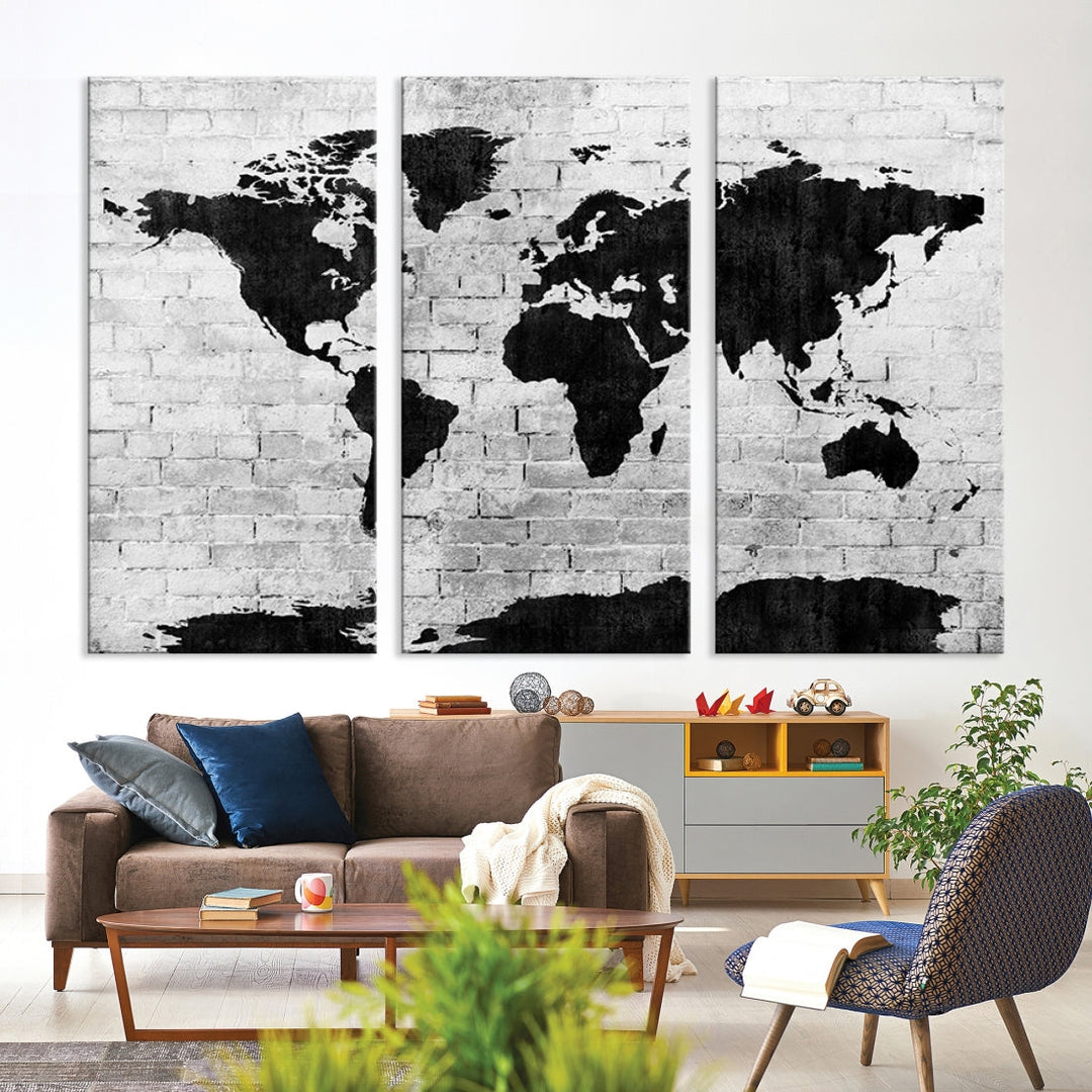 Black and White Shadowy World Map Large Wall Art Canvas