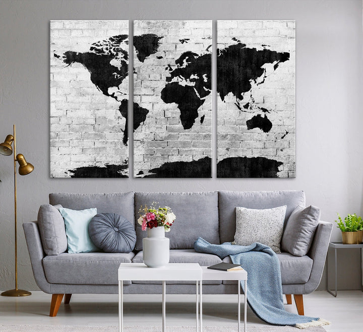 Black and White Shadowy World Map Large Wall Art Canvas