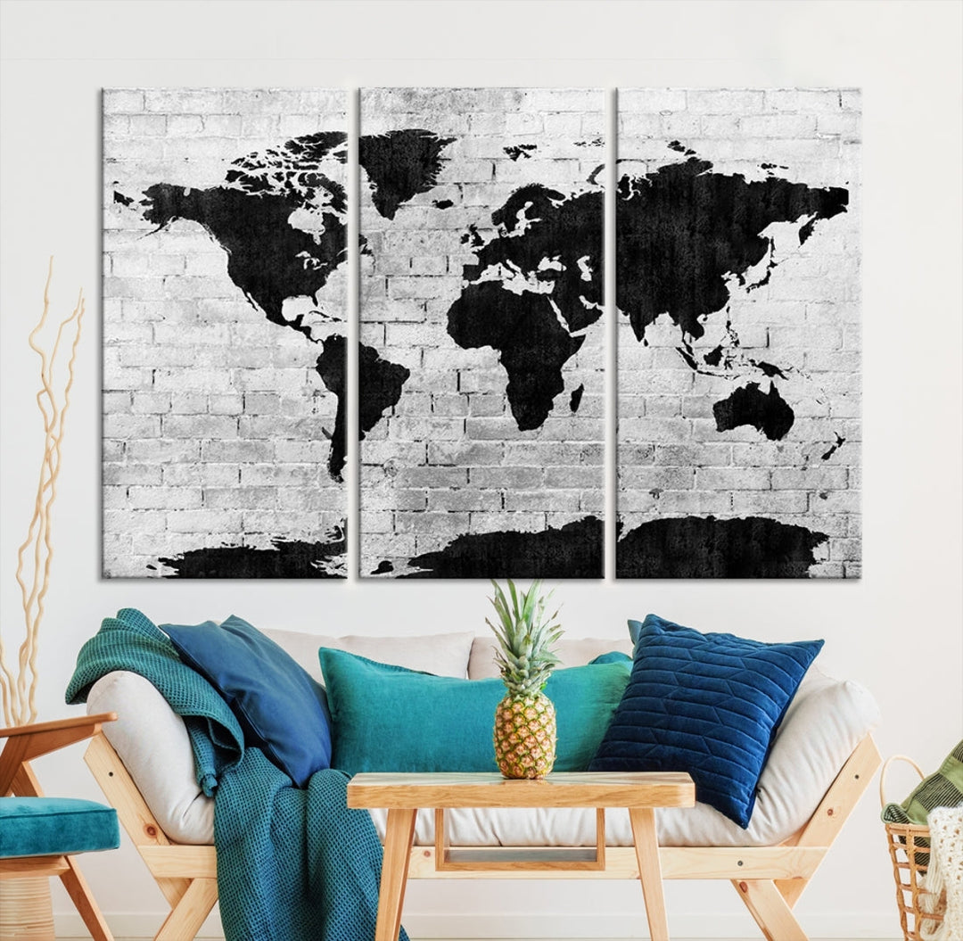 Black and White Shadowy World Map Large Wall Art Canvas