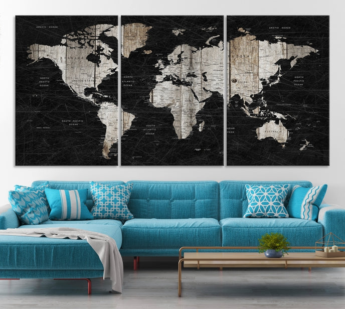 Black Push Pin World Map Detailed Framed Wall Art Canvas Print