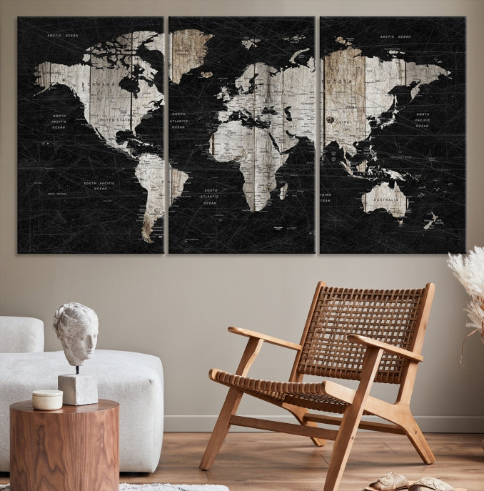 Black Push Pin World Map Detailed Framed Wall Art Canvas Print