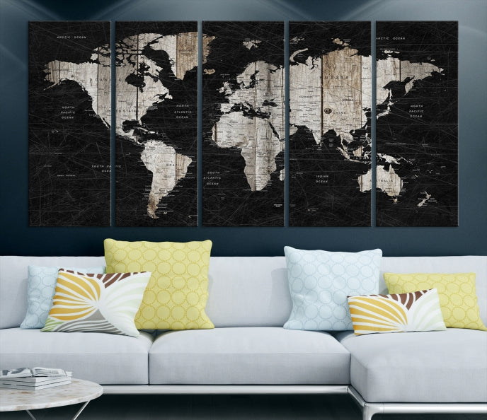 Black Push Pin World Map Detailed Framed Wall Art Canvas Print