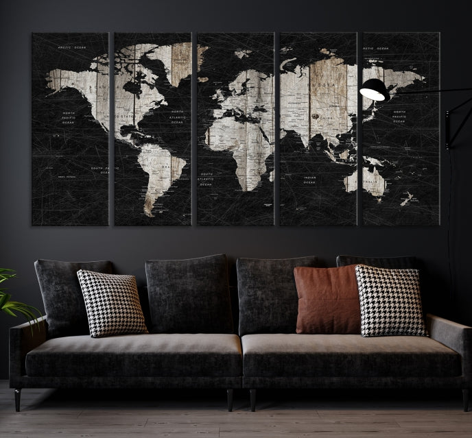 Black Push Pin World Map Detailed Framed Wall Art Canvas Print