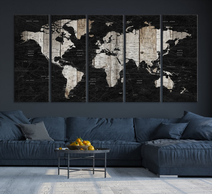 Black Push Pin World Map Detailed Framed Wall Art Canvas Print