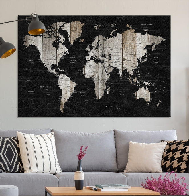 Black Push Pin World Map Detailed Framed Wall Art Canvas Print