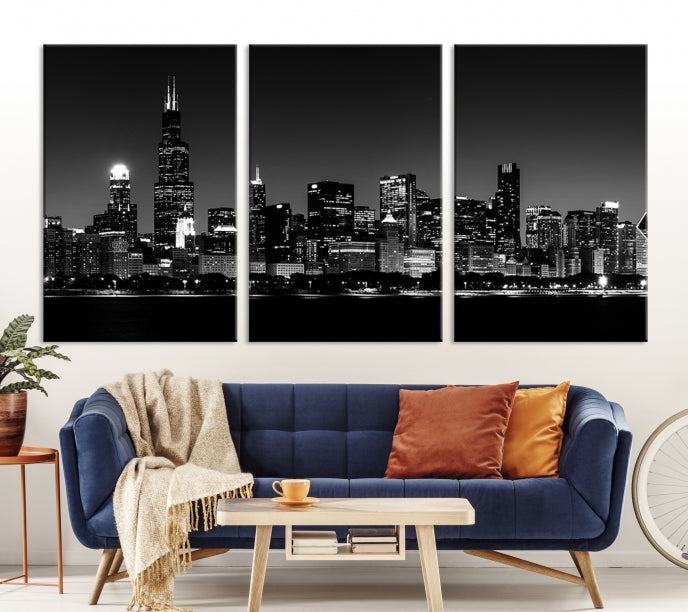 Black White Chicago Print Large Canvas Wall Decor Framed Cityscape Art