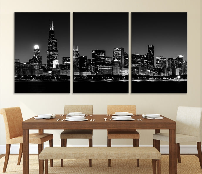 Black White Chicago Print Large Canvas Wall Decor Framed Cityscape Art