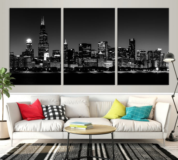 Black White Chicago Print Large Canvas Wall Decor Framed Cityscape Art