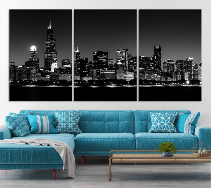 Black White Chicago Print Large Canvas Wall Decor Framed Cityscape Art