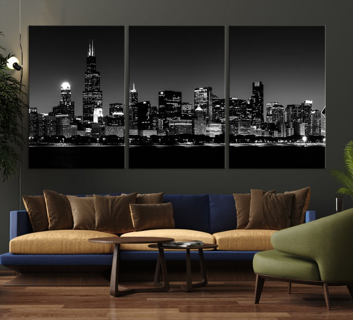 Black White Chicago Print Large Canvas Wall Decor Framed Cityscape Art