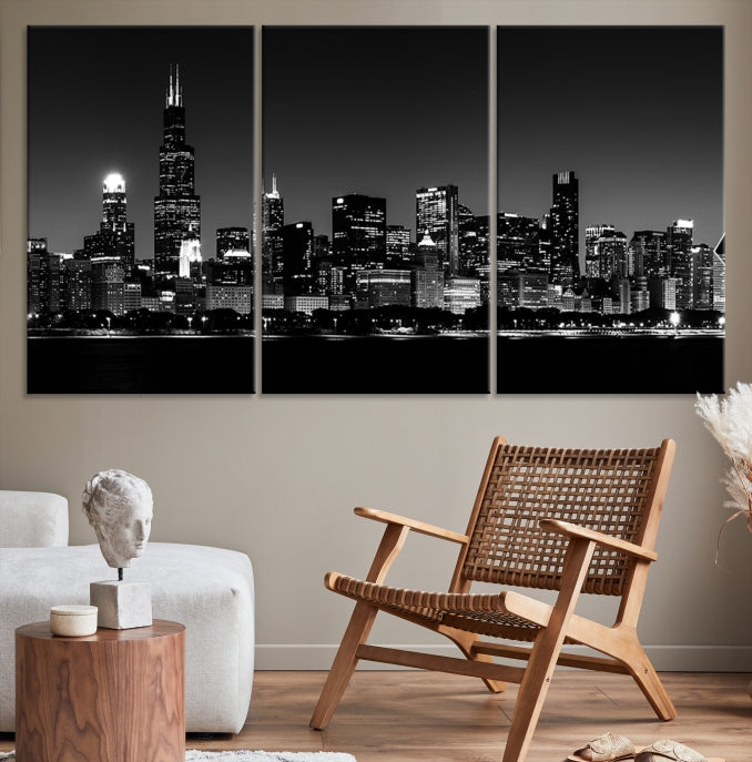 Black White Chicago Print Large Canvas Wall Decor Framed Cityscape Art