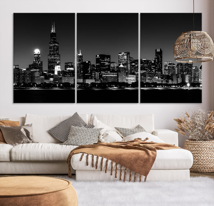 Black White Chicago Print Large Canvas Wall Decor Framed Cityscape Art