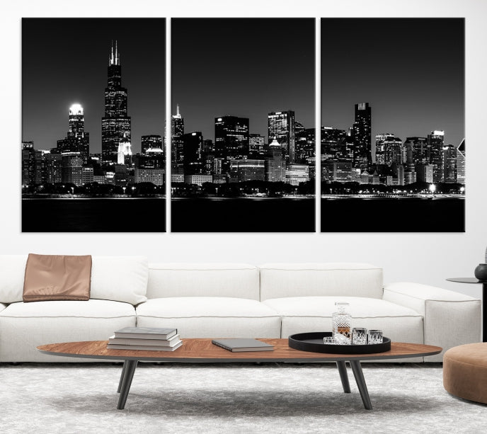 Black White Chicago Print Large Canvas Wall Decor Framed Cityscape Art