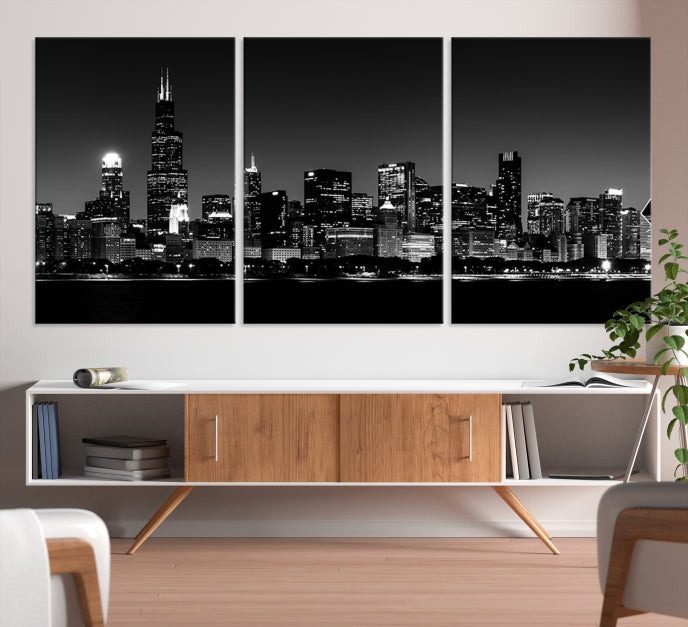 Black White Chicago Print Large Canvas Wall Decor Framed Cityscape Art