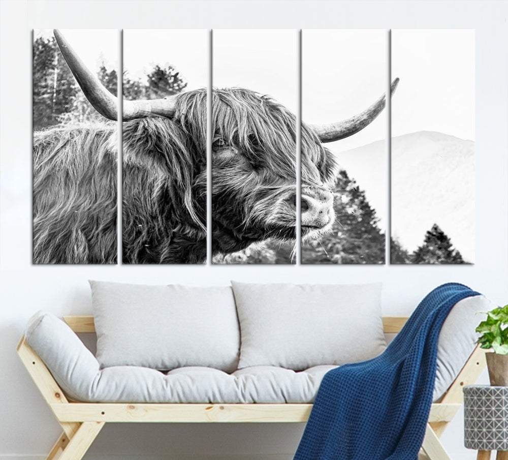 Black & White Highland Cow Wall Art Print, Scottish Cow Canvas Print, Framed Animal Farmhouse Wall Decor