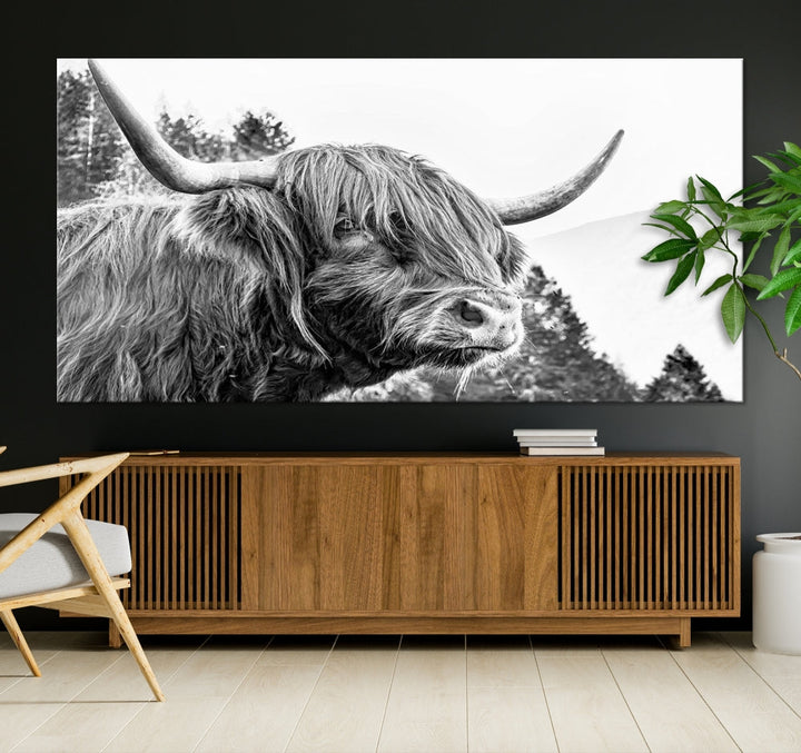 Black & White Highland Cow Wall Art Print, Scottish Cow Canvas Print, Framed Animal Farmhouse Wall Decor