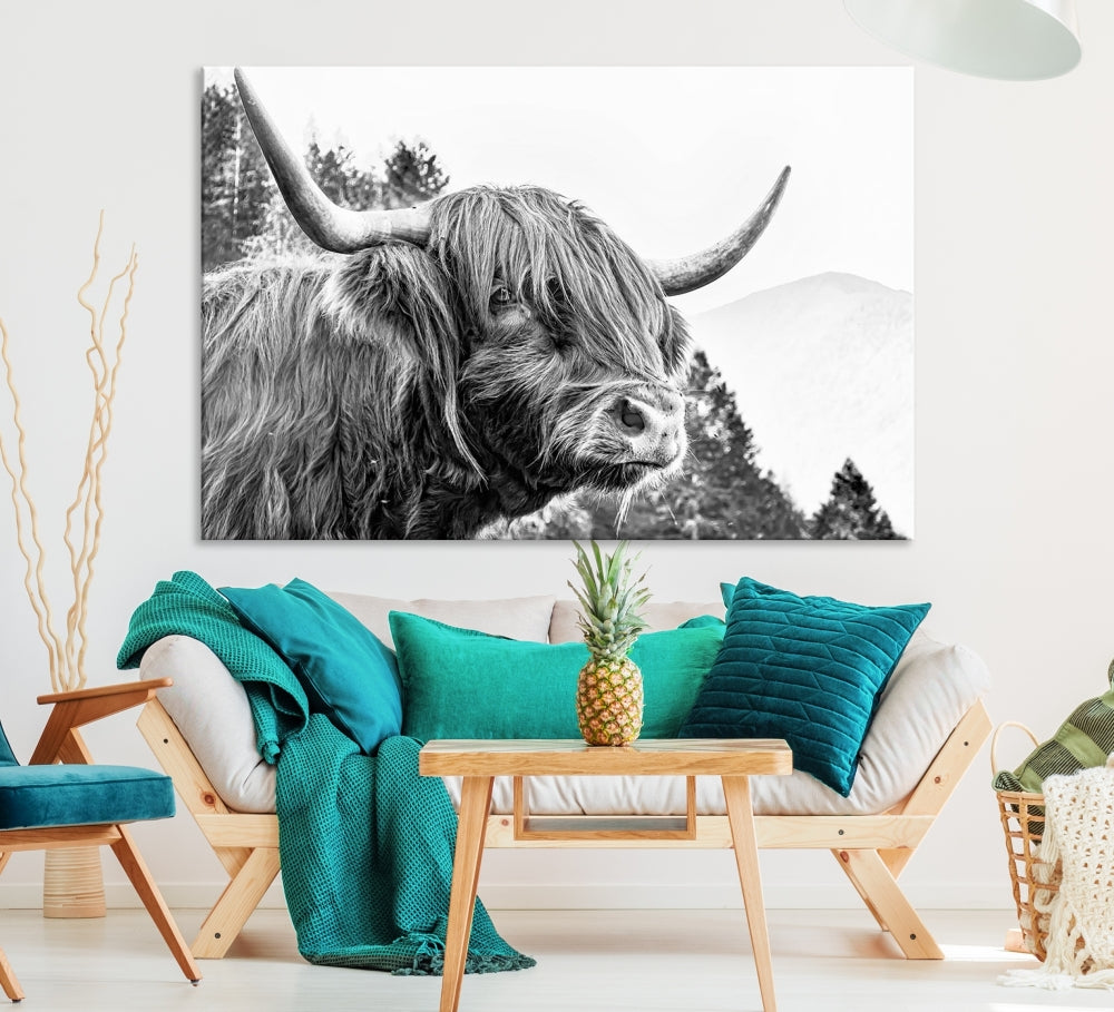 Black & White Highland Cow Wall Art Print, Scottish Cow Canvas Print, Framed Animal Farmhouse Wall Decor