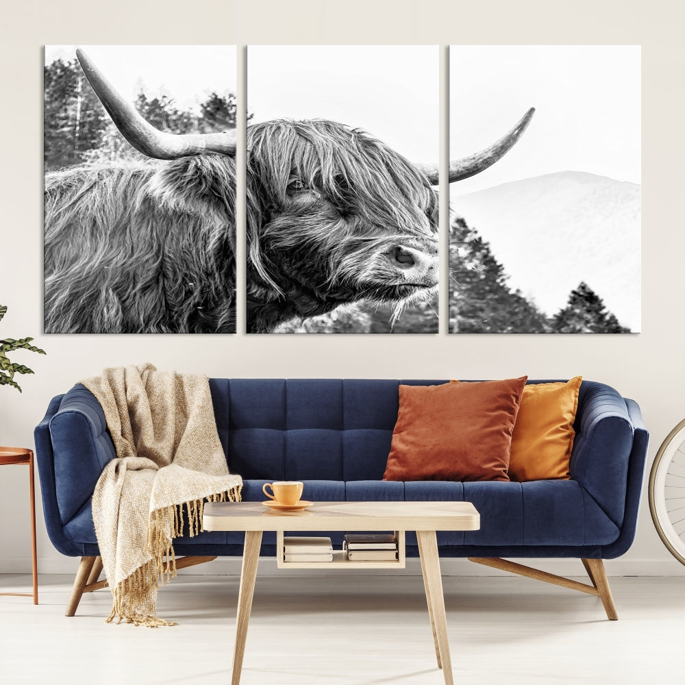 Black & White Highland Cow Wall Art Print, Scottish Cow Canvas Print, Framed Animal Farmhouse Wall Decor