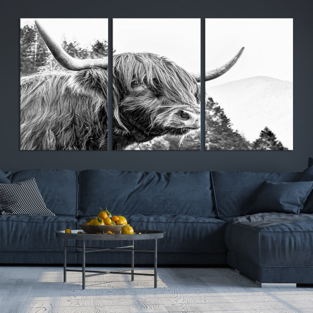 Black & White Highland Cow Wall Art Print, Scottish Cow Canvas Print, Framed Animal Farmhouse Wall Decor