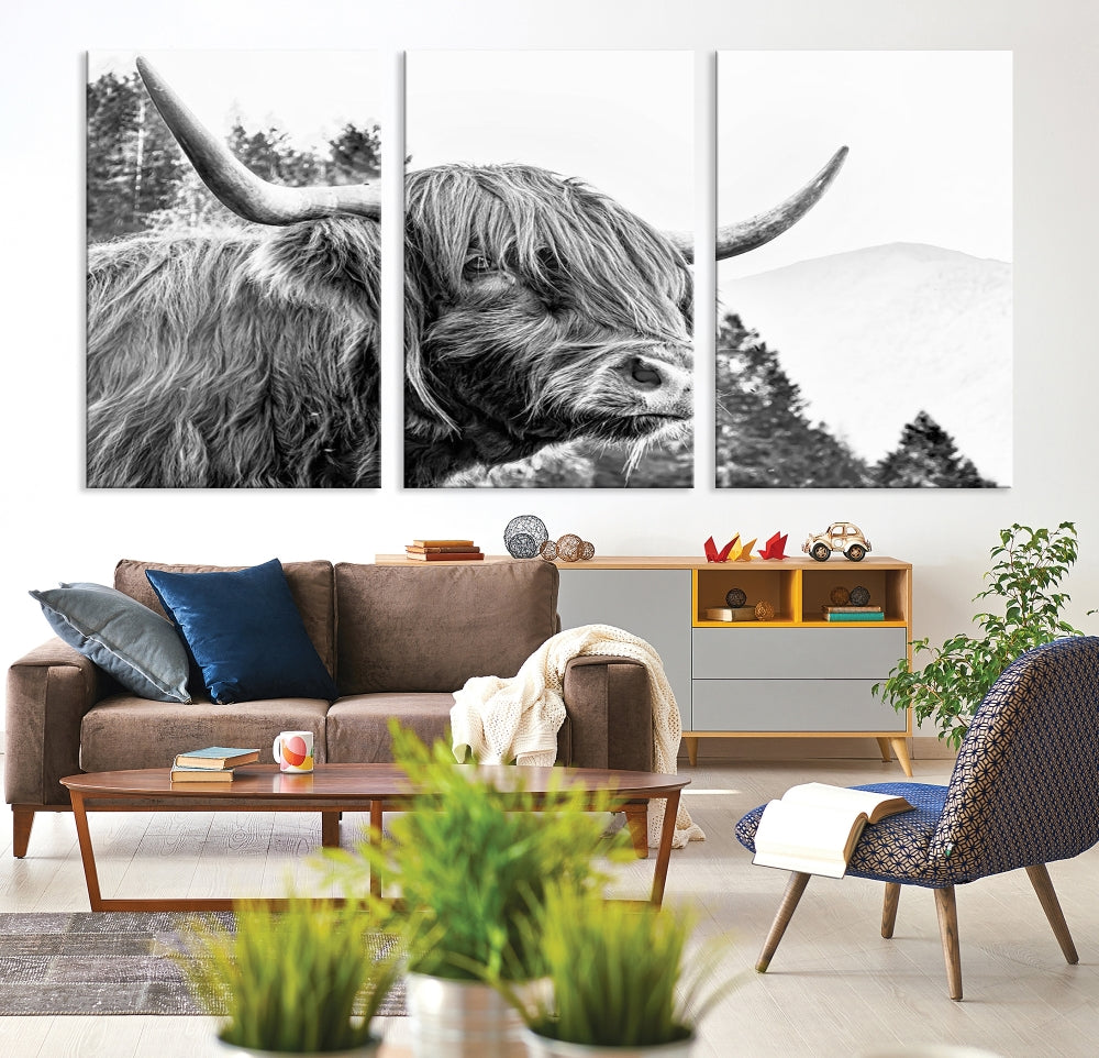 Black & White Highland Cow Wall Art Print, Scottish Cow Canvas Print, Framed Animal Farmhouse Wall Decor