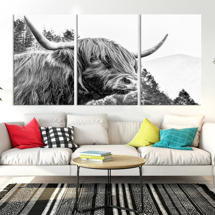 Black & White Highland Cow Wall Art Print, Scottish Cow Canvas Print, Framed Animal Farmhouse Wall Decor