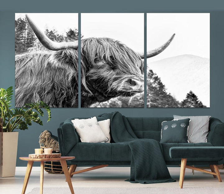 Black & White Highland Cow Wall Art Print, Scottish Cow Canvas Print, Framed Animal Farmhouse Wall Decor