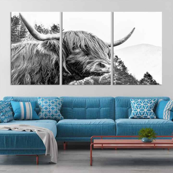 Black & White Highland Cow Wall Art Print, Scottish Cow Canvas Print, Framed Animal Farmhouse Wall Decor