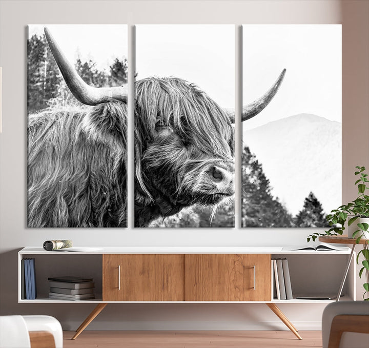 Black & White Highland Cow Wall Art Print, Scottish Cow Canvas Print, Framed Animal Farmhouse Wall Decor