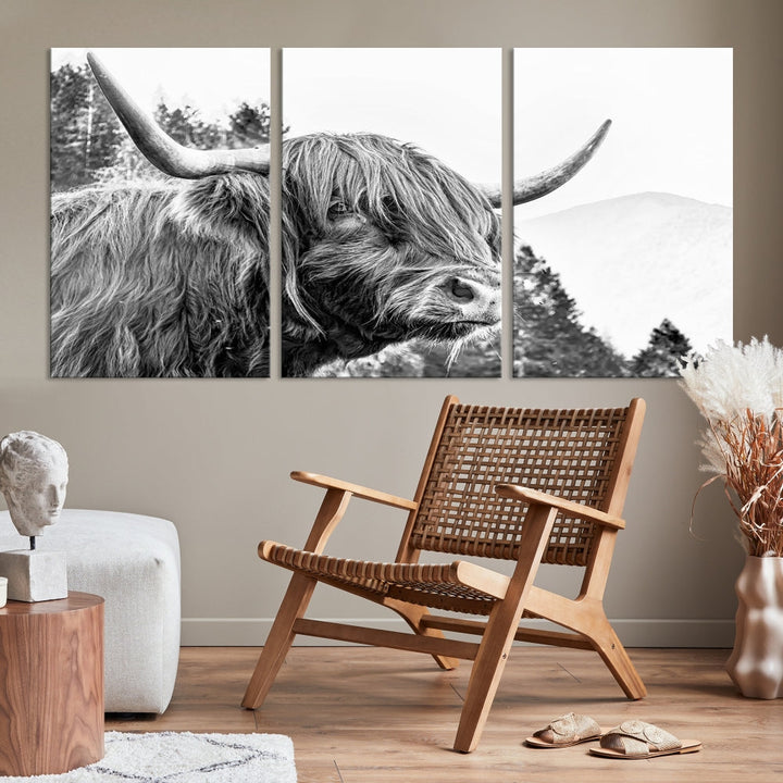 Black & White Highland Cow Wall Art Print, Scottish Cow Canvas Print, Framed Animal Farmhouse Wall Decor