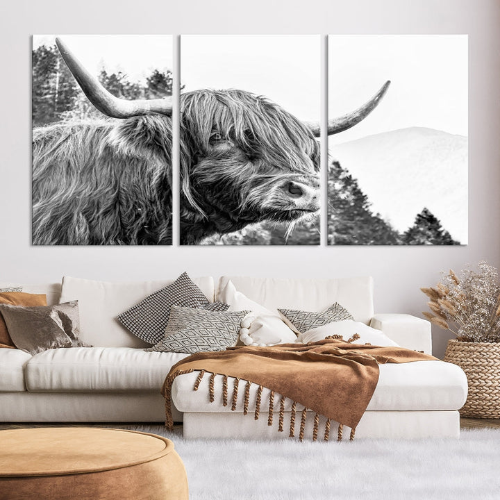 Black & White Highland Cow Wall Art Print, Scottish Cow Canvas Print, Framed Animal Farmhouse Wall Decor