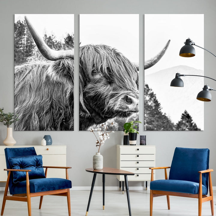 Black & White Highland Cow Wall Art Print, Scottish Cow Canvas Print, Framed Animal Farmhouse Wall Decor