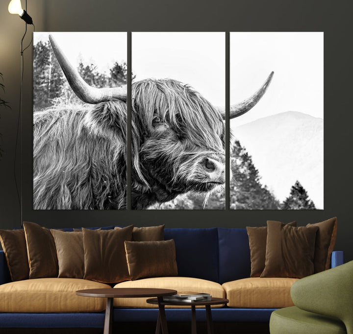 Black & White Highland Cow Wall Art Print, Scottish Cow Canvas Print, Framed Animal Farmhouse Wall Decor