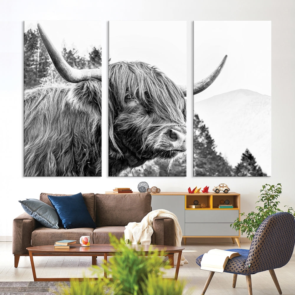 Black & White Highland Cow Wall Art Print, Scottish Cow Canvas Print, Framed Animal Farmhouse Wall Decor