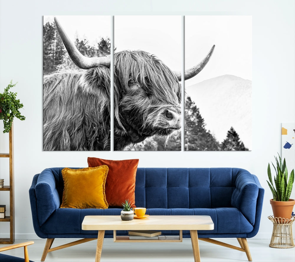 Black & White Highland Cow Wall Art Print, Scottish Cow Canvas Print, Framed Animal Farmhouse Wall Decor