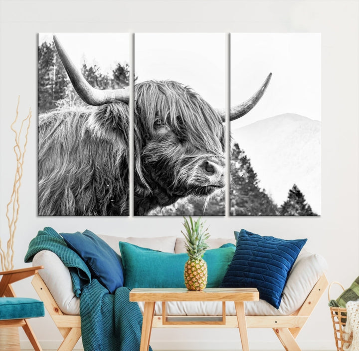 Black & White Highland Cow Wall Art Print, Scottish Cow Canvas Print, Framed Animal Farmhouse Wall Decor